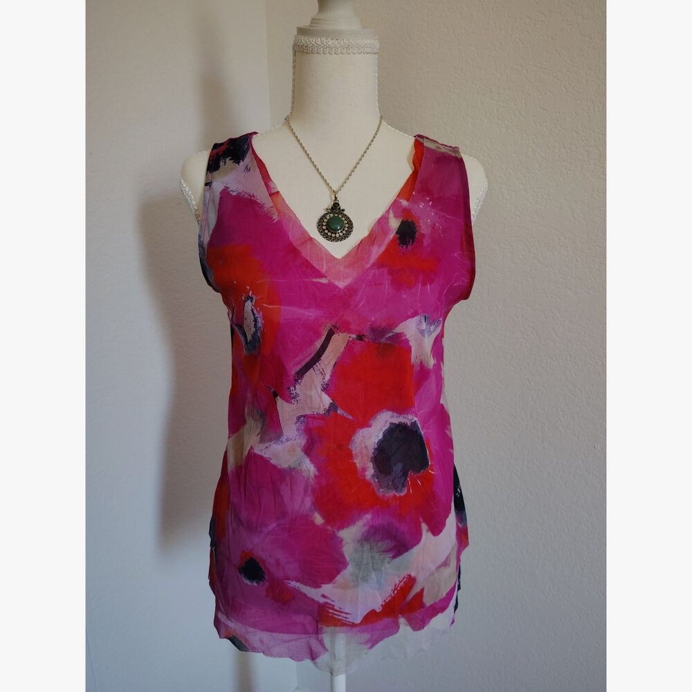 INC Abstract V Neck Sheer Chiffon Overlay Artsy Chic